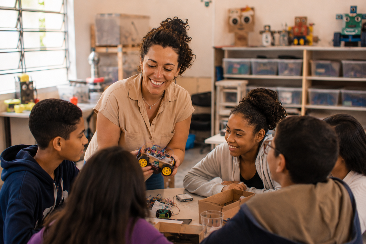 Professora aplicando educação maker com confiança, sala organizada