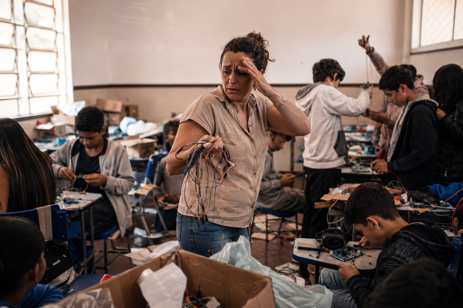 Professora perdida em sala maker em caos, com alunos manuseando fios e componentes eletrônicos